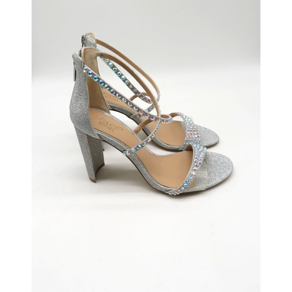 Jewel by Badgley Mischka Silver Glitter High Heel Sandals Rhinestones 9.5 NWOB